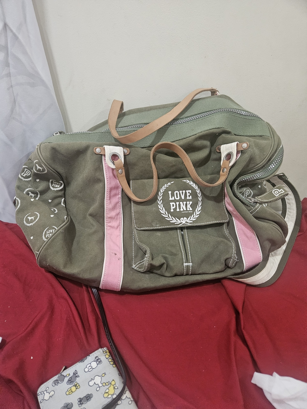 PINK Victoria's Secret Olive Green Canvas Weekender Bag with Pink Trim